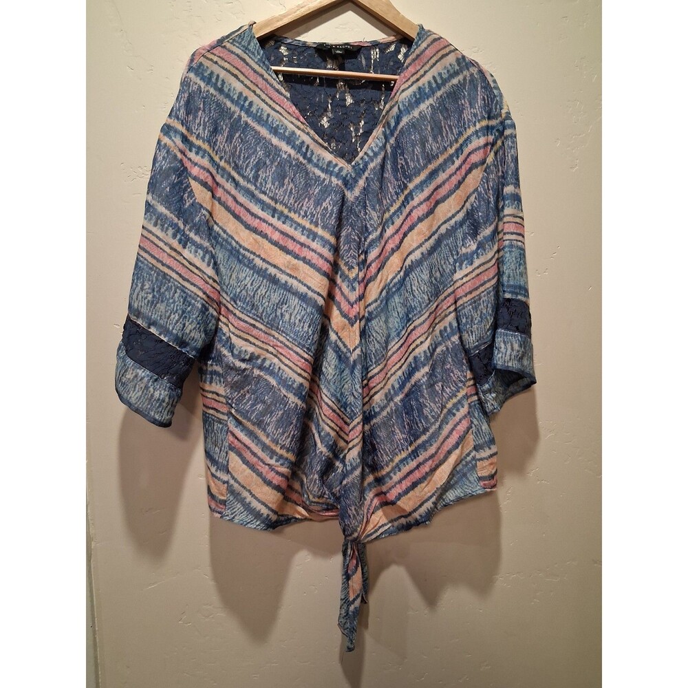 Zac & Rachel Tie Bottom 3/4 Slv Chevron Multi-Color Lace Blouse SZ XL Boho